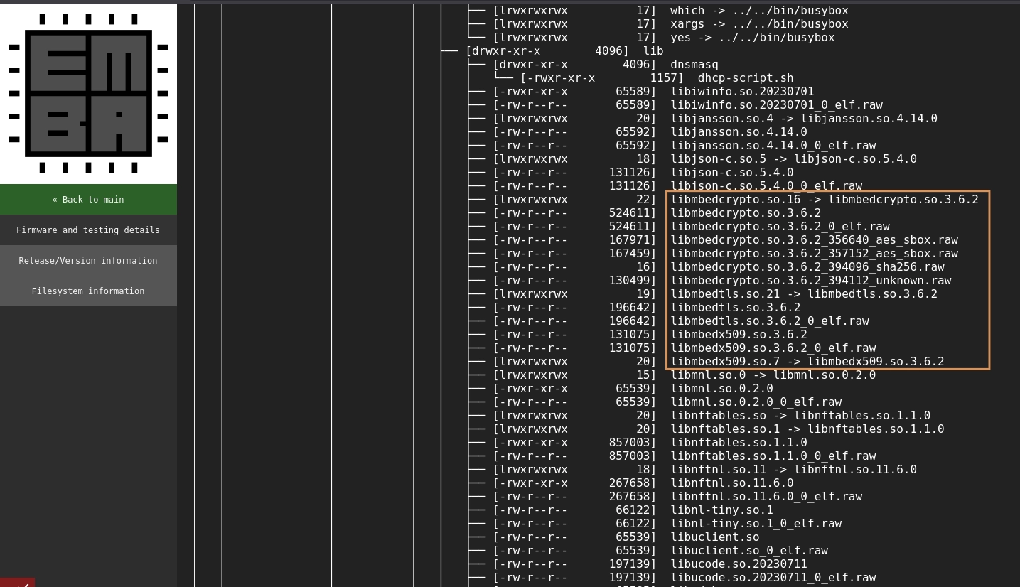 EMBA's firmware analysis identifying cryptographic libraries found in the file system in the folder /usr/lib.